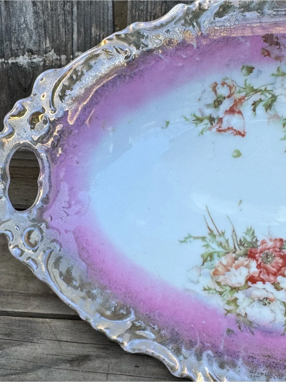 Antique Victorian Porcelain Floral Serving Dish Tray – Gilded Pink & Orange